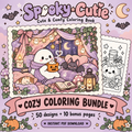 Spooky Cutie Cozy Coloring Bundle artwork with a friendly ghost in a lavender blanket fort and cozy bat pillows.