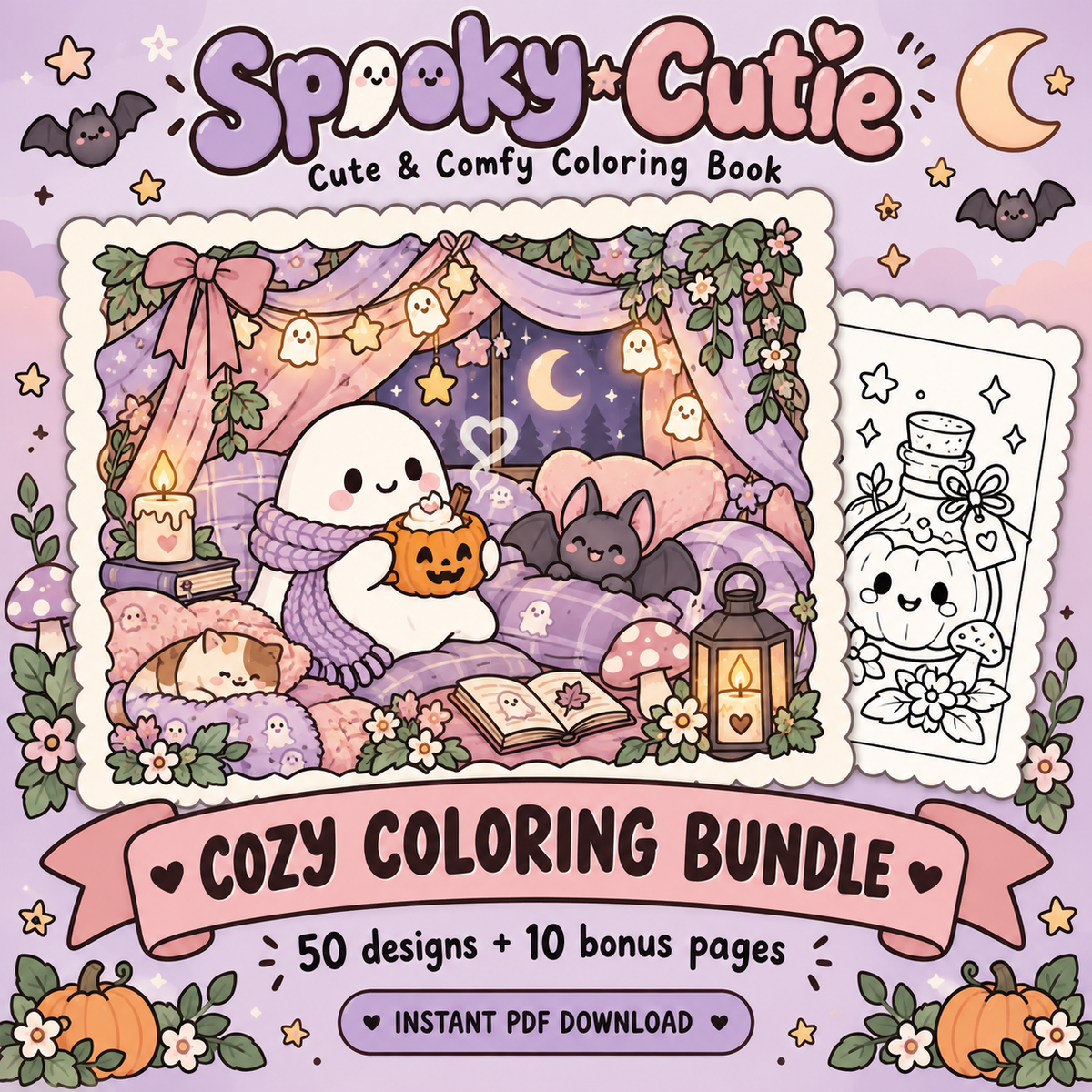 Spooky Cutie Cozy Coloring Bundle artwork with a friendly ghost in a lavender blanket fort and cozy bat pillows.