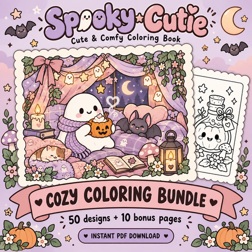Spooky Cutie Cozy Coloring Bundle artwork with a friendly ghost in a lavender blanket fort and cozy bat pillows.