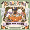 Spooky Cutie Color with a Friend artwork showing two friendly ghosts coloring together at a pumpkin table.