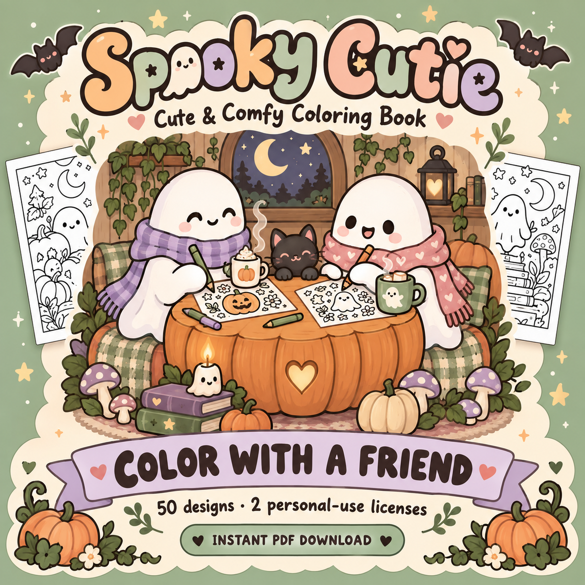 Spooky Cutie Color with a Friend artwork showing two friendly ghosts coloring together at a pumpkin table.
