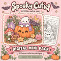 Spooky Cutie Digital Mini Pack artwork with a little ghost peeking out of a pumpkin mug beside potion bottles.