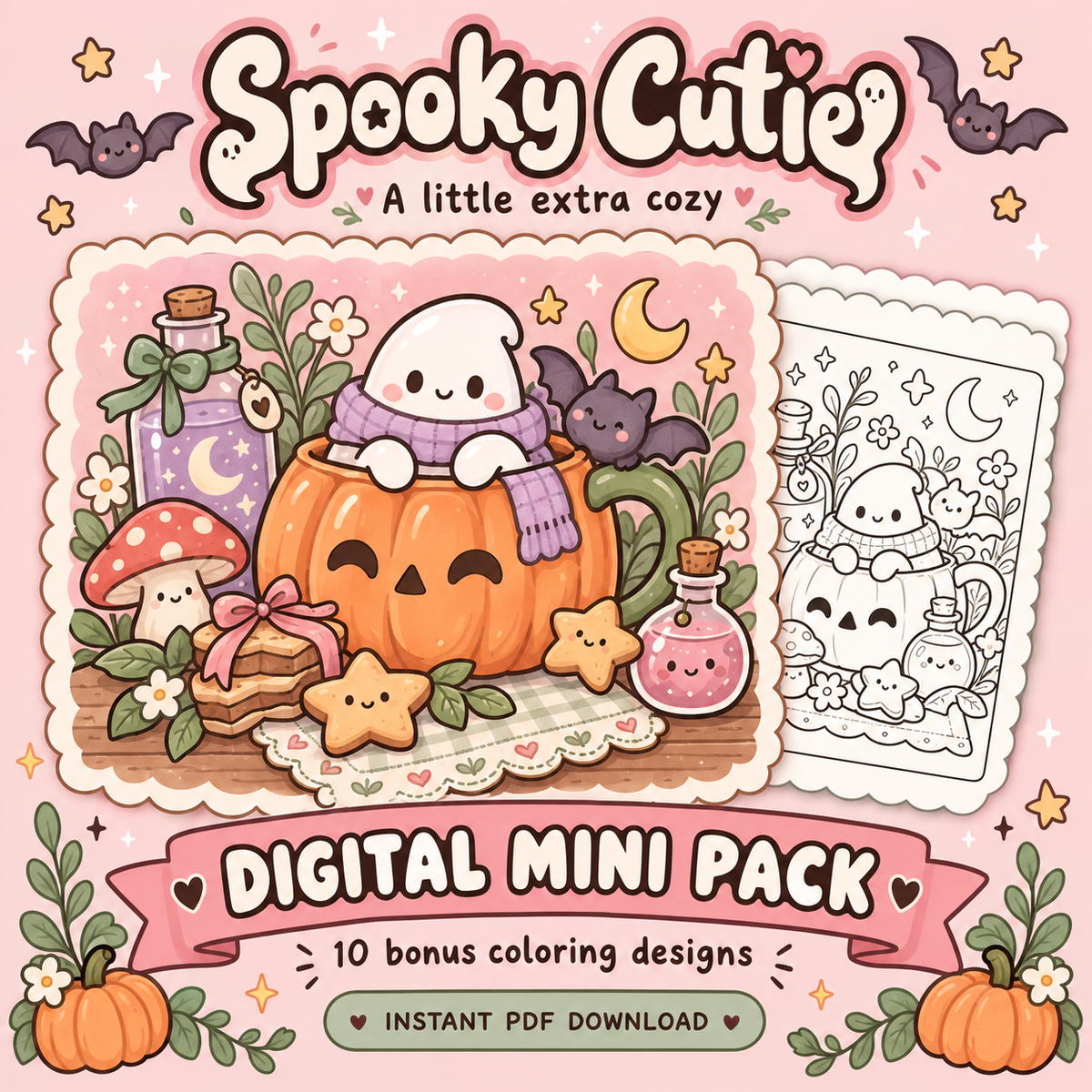 Spooky Cutie Digital Mini Pack artwork with a little ghost peeking out of a pumpkin mug beside potion bottles.