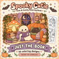 Spooky Cutie coloring book artwork with a scarf-wearing ghost reading beside a pumpkin armchair and sleepy cat.