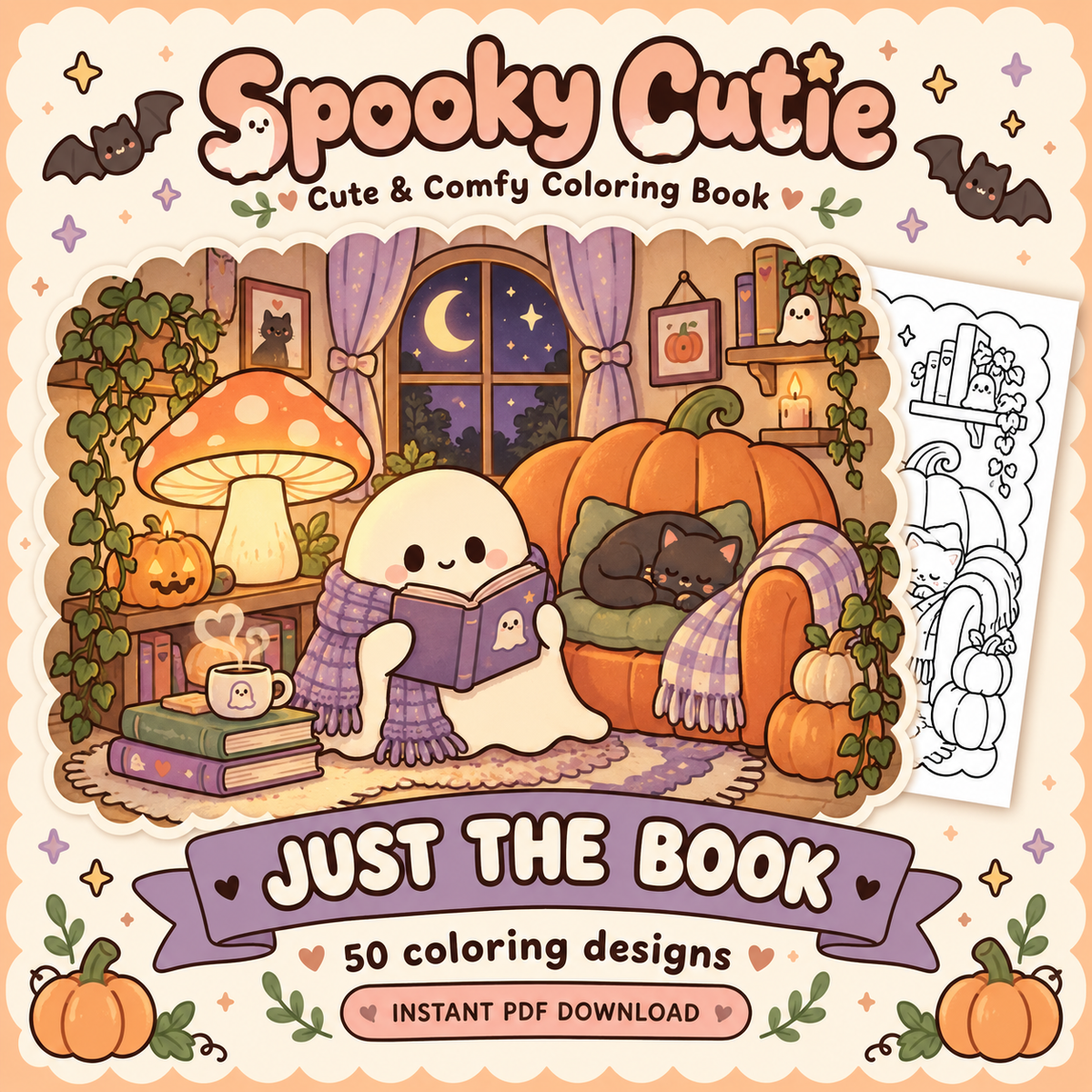 Spooky Cutie coloring book artwork with a scarf-wearing ghost reading beside a pumpkin armchair and sleepy cat.
