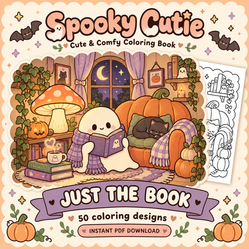 Spooky Cutie coloring book artwork with a scarf-wearing ghost reading beside a pumpkin armchair and sleepy cat.